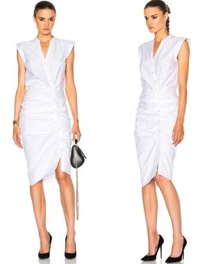 Veronica Beard White Sleeveless Ruched Button-Front Midi Dress